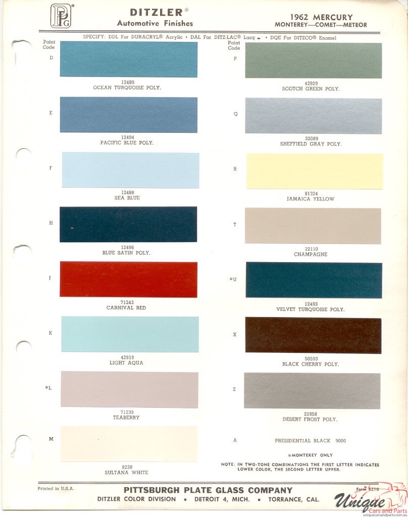 1962 Mercury Paint Charts PPG